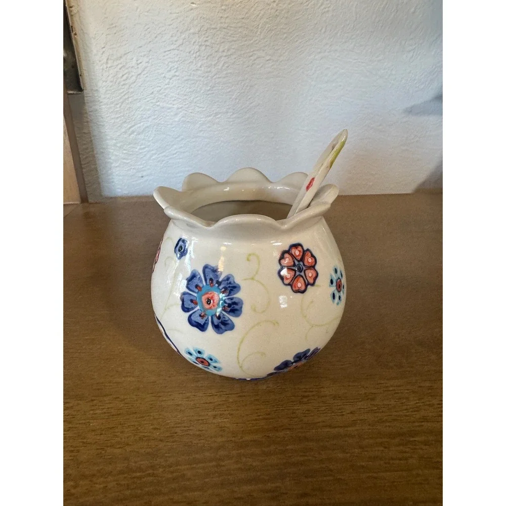 Anthropologie Floral Ceramic Sugar Bowl with Spoon NO LID Floral Design